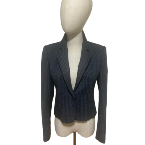 90S GRAY & BLUE PINSTRIPE WOOL BLEND CROPPED VINTAGE BLAZER GILMOR EUC 5/6 - Picture 6 of 8